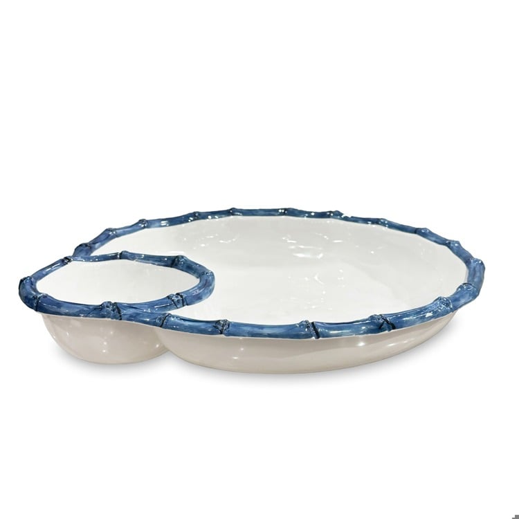 VIDA Bamboo Large Chip & Dip Bowl (White and Blue)