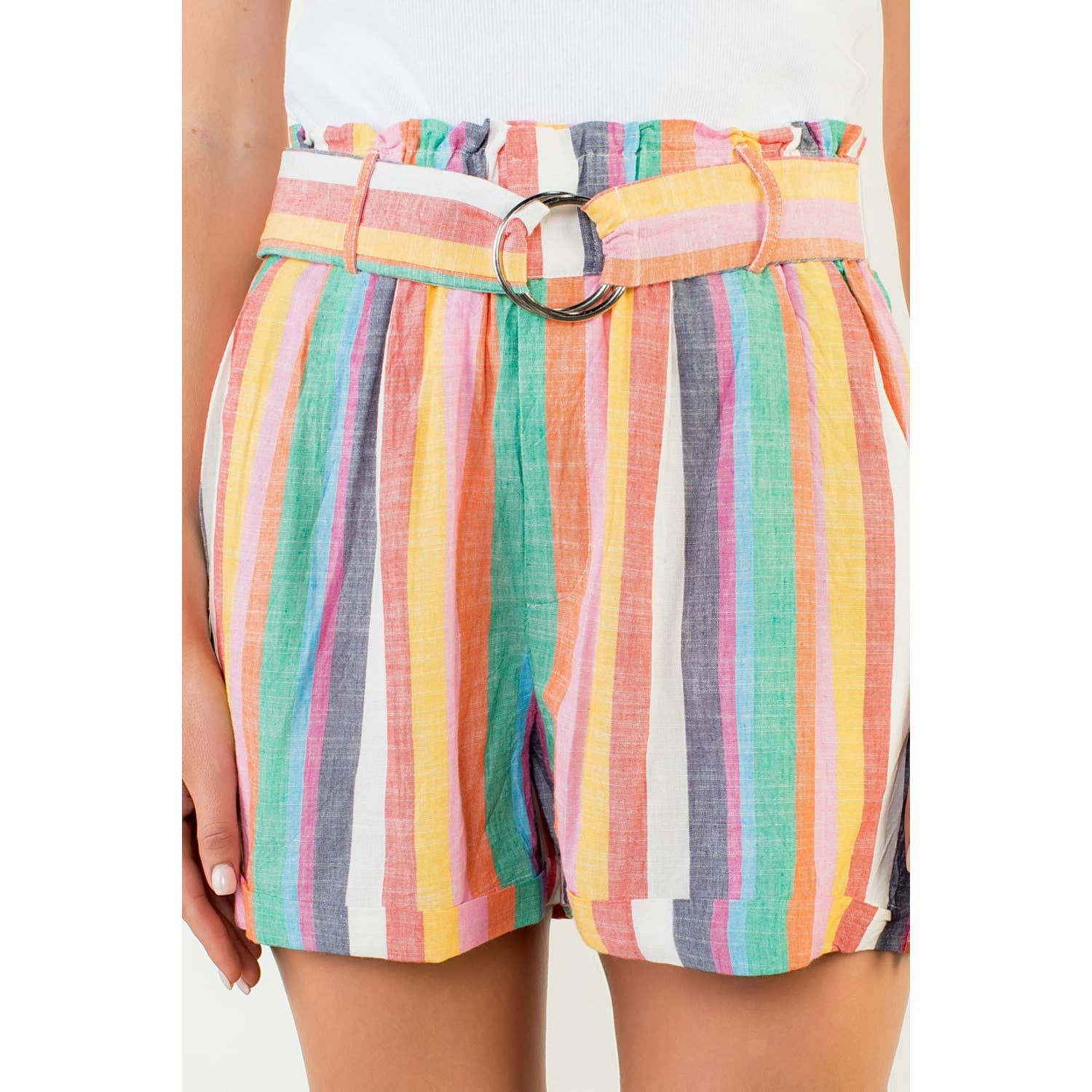 Hannah Pink Multicolor High Waist Stripe Shorts with Waist Tie