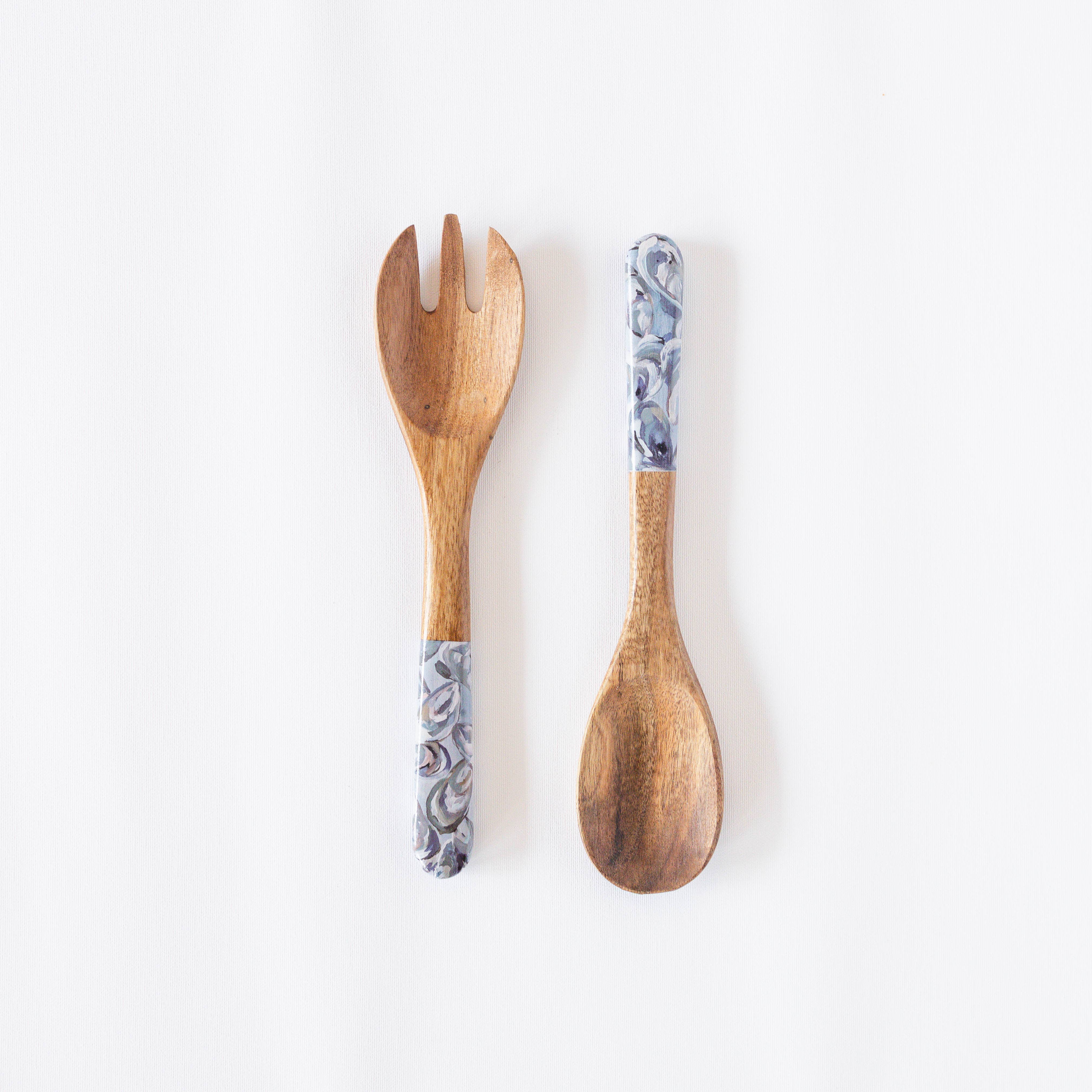 Wooden Salad Utensils - Pewter Shells by Kim Hovell Art