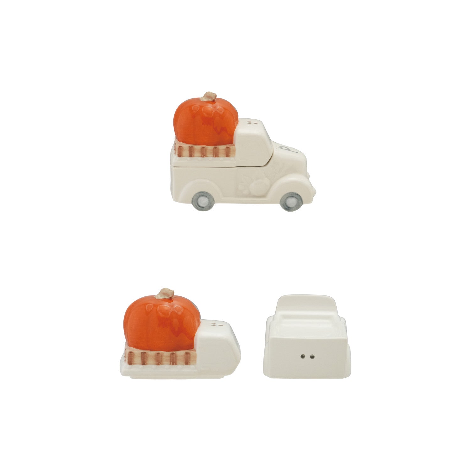 Ceramic Pumpkin on Truck Shaped Salt & Pepper Shakers, White & Orange Color, Set of 2