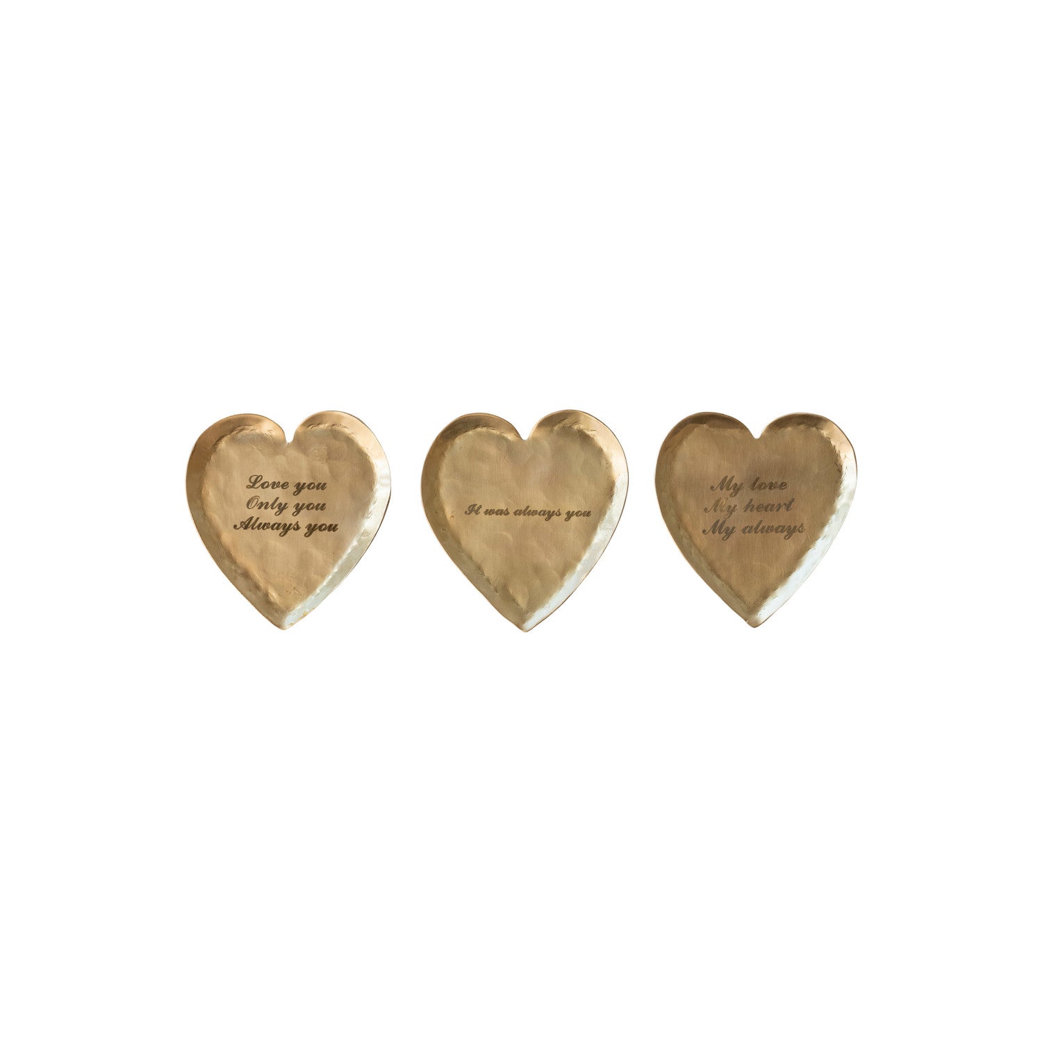 Decorative Hammered Brass Heart Shaped Dish with Laser Etched Saying, 3 Styles
