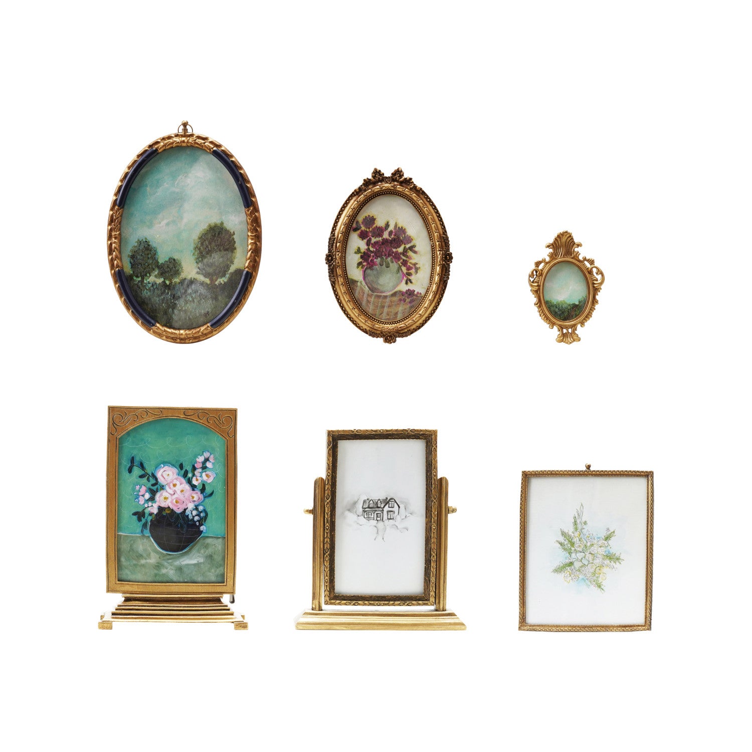 Pewter and Glass Photo Frames with Art, Set of 6