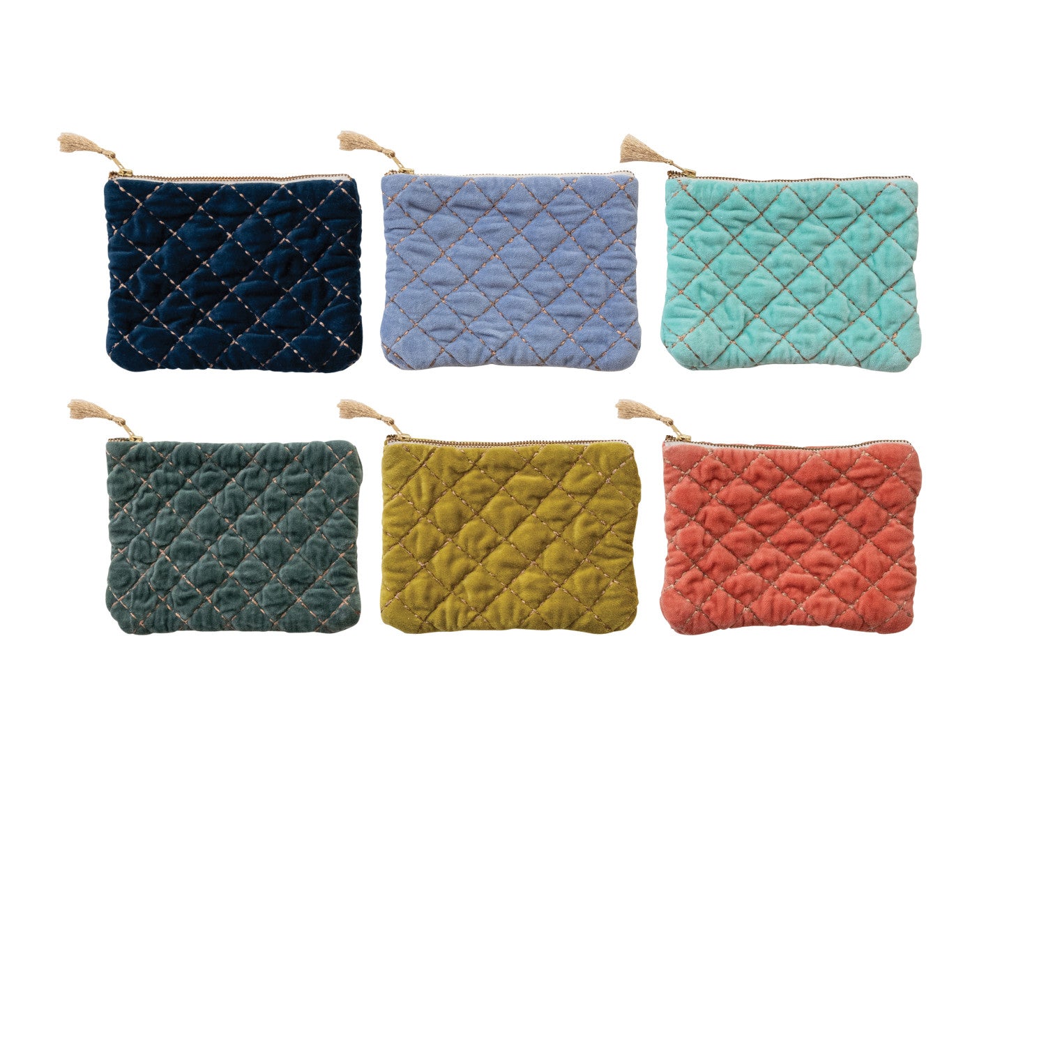 Quilted Cotton Velvet Zip Pouch with Metallic Thread Embroidery and Tassel, 6 Colors