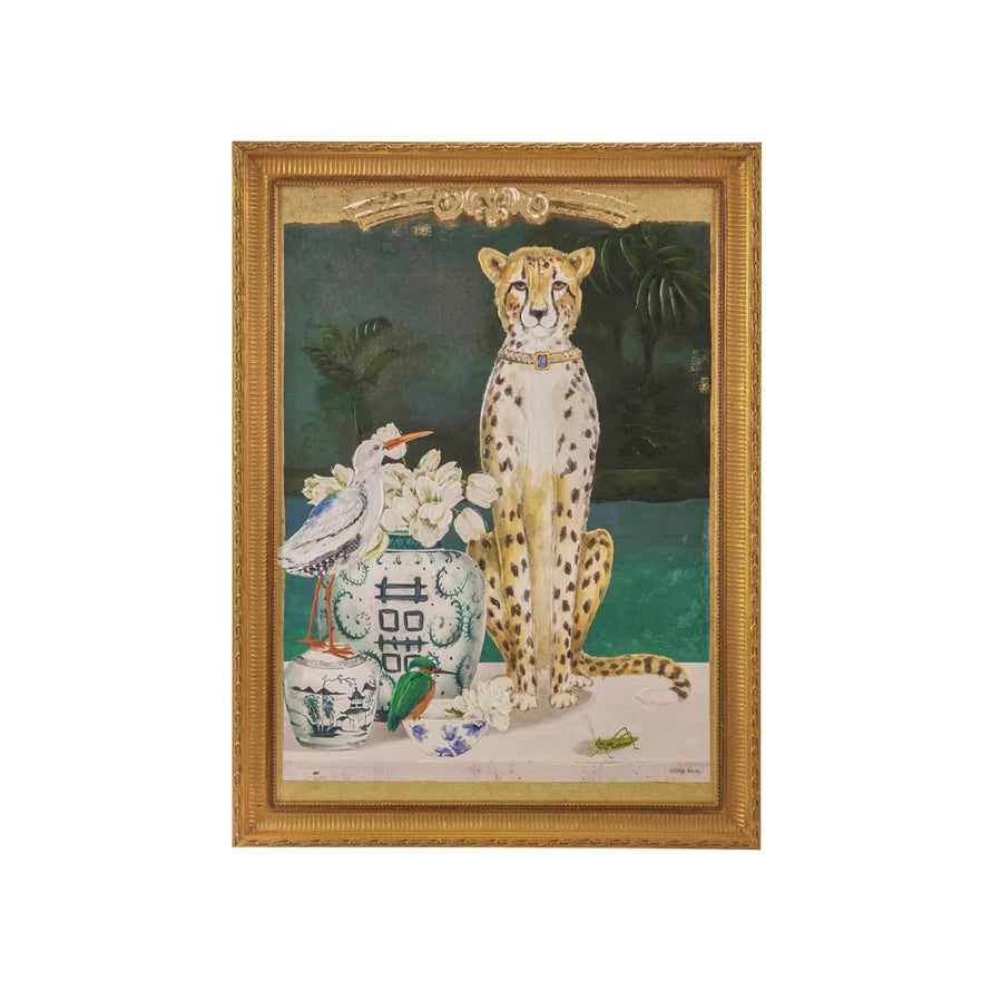 Wood Framed Canvas  Cheetah & Urn, Antique Gold Finish