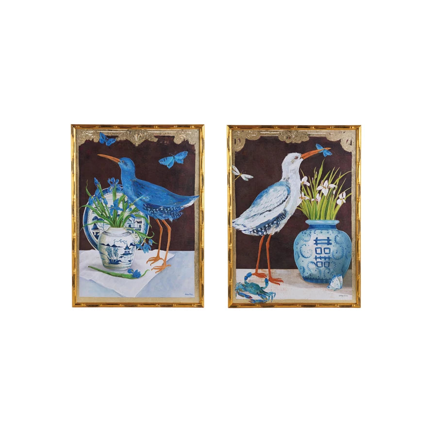Wood Faux Bamboo Canvas Wall Décor w/ Bird & Urn & Gold Foil