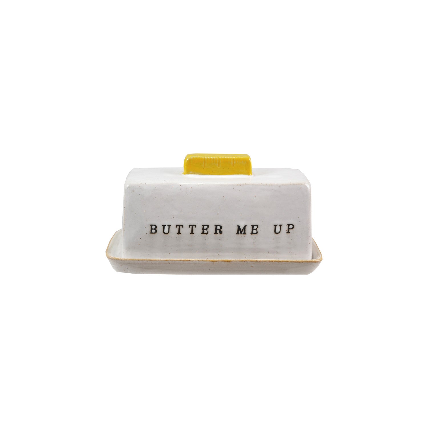 Stoneware Butter Dish w/ Debossed "Butter Me Up", Reactive Glaze (Each One Will Vary)