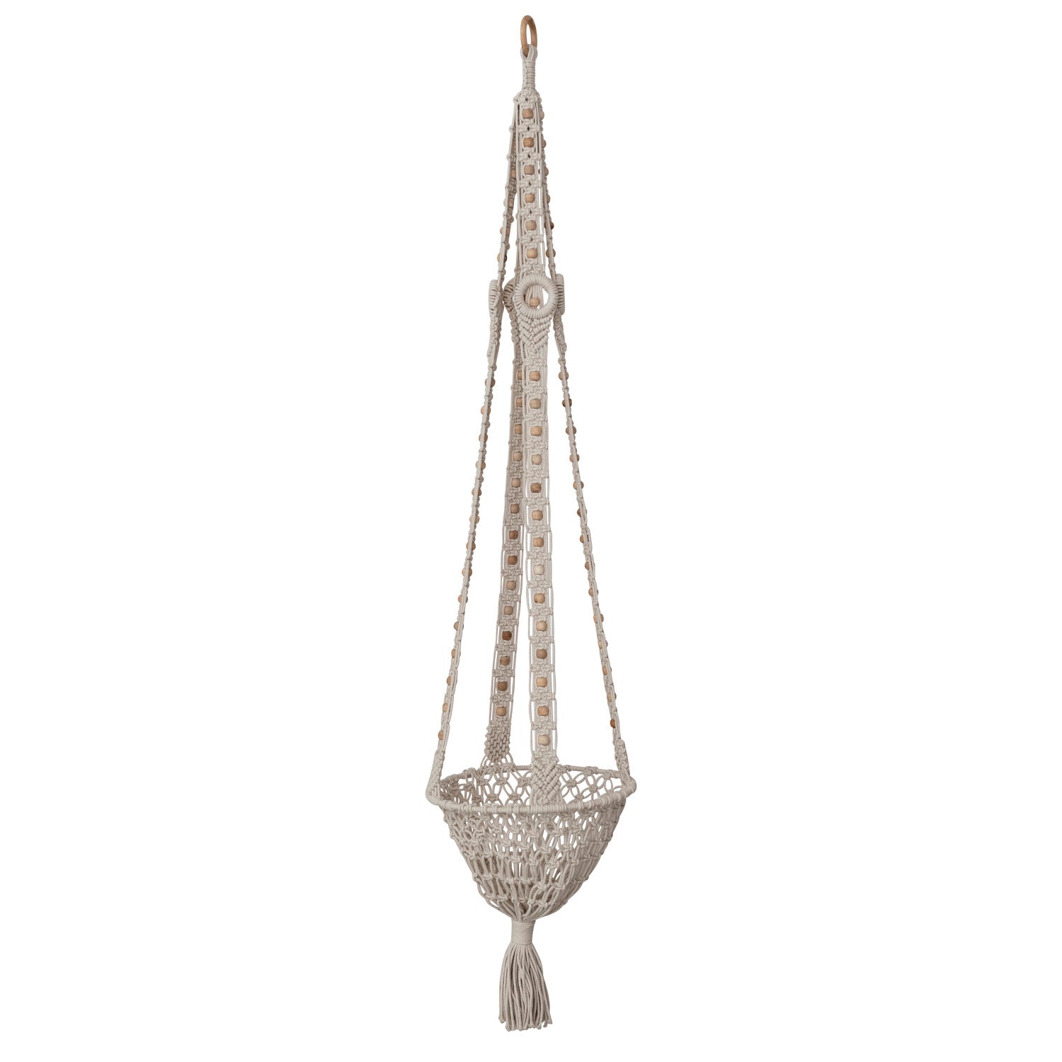 Cotton Macrame Plant Hanger with Wood Beads & Tassel, Natural