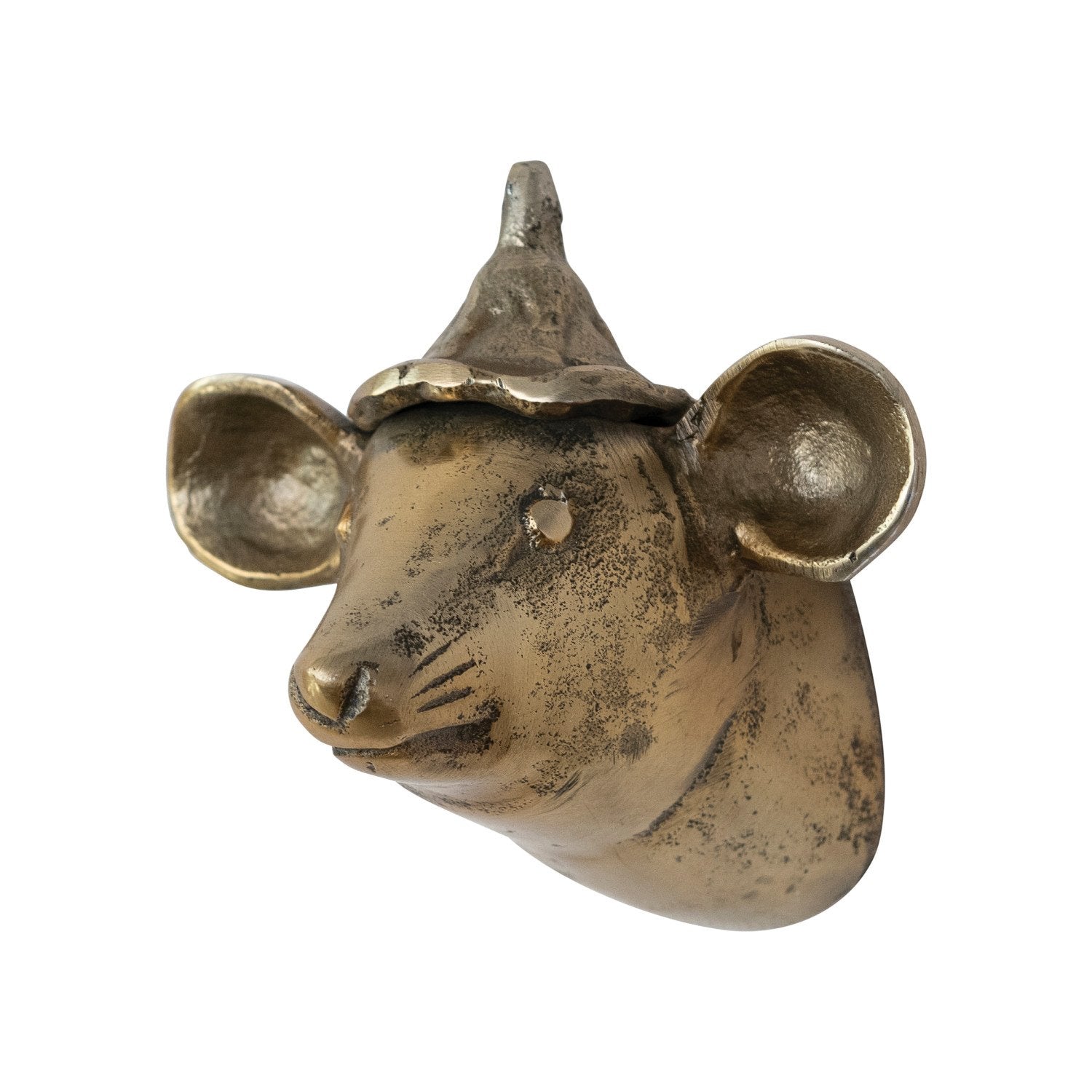 Cast Aluminum Mouse Head with Hat Wall Decor, Antique Brass Finish