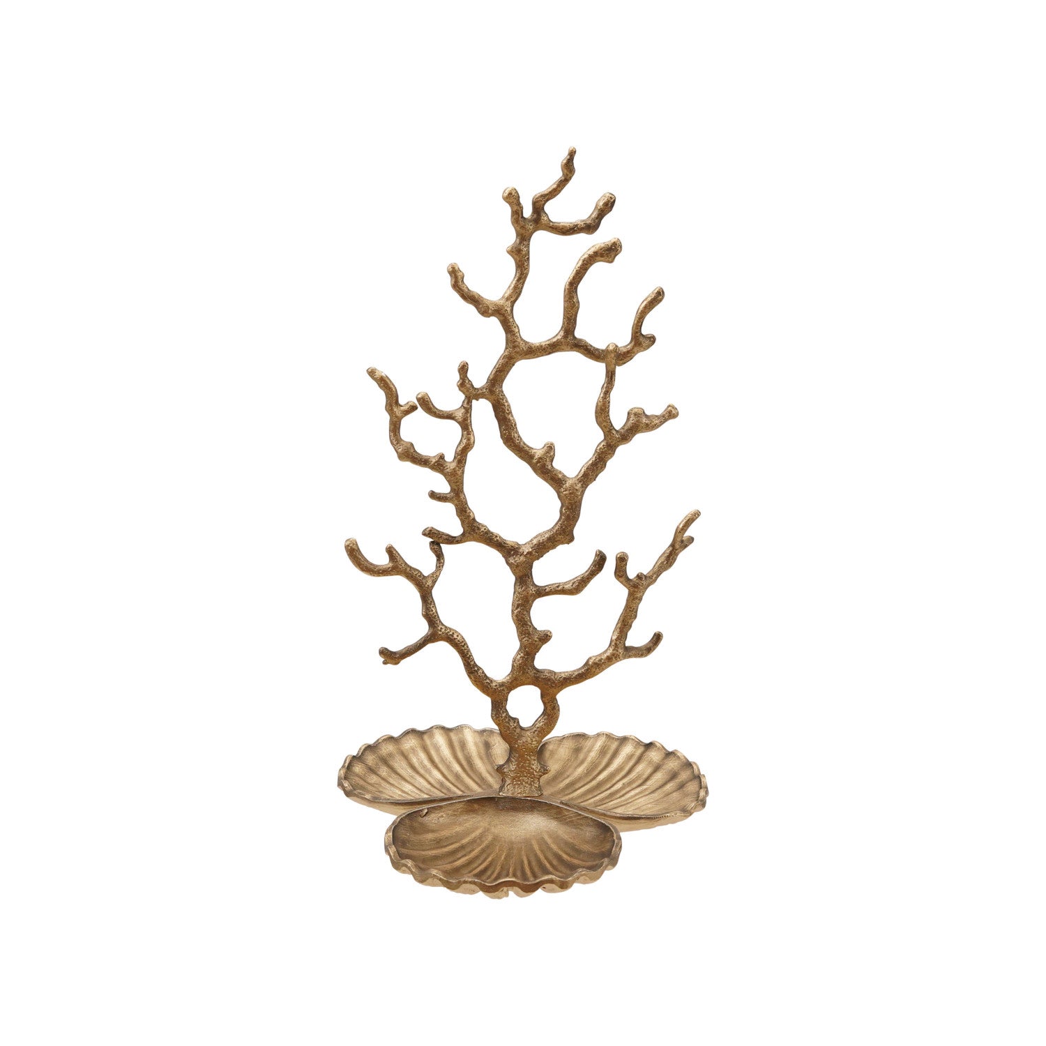 Metal Coral Shaped Jewelry Holder with Shell Shaped Base & 3 Sections, Antique Brass Finish