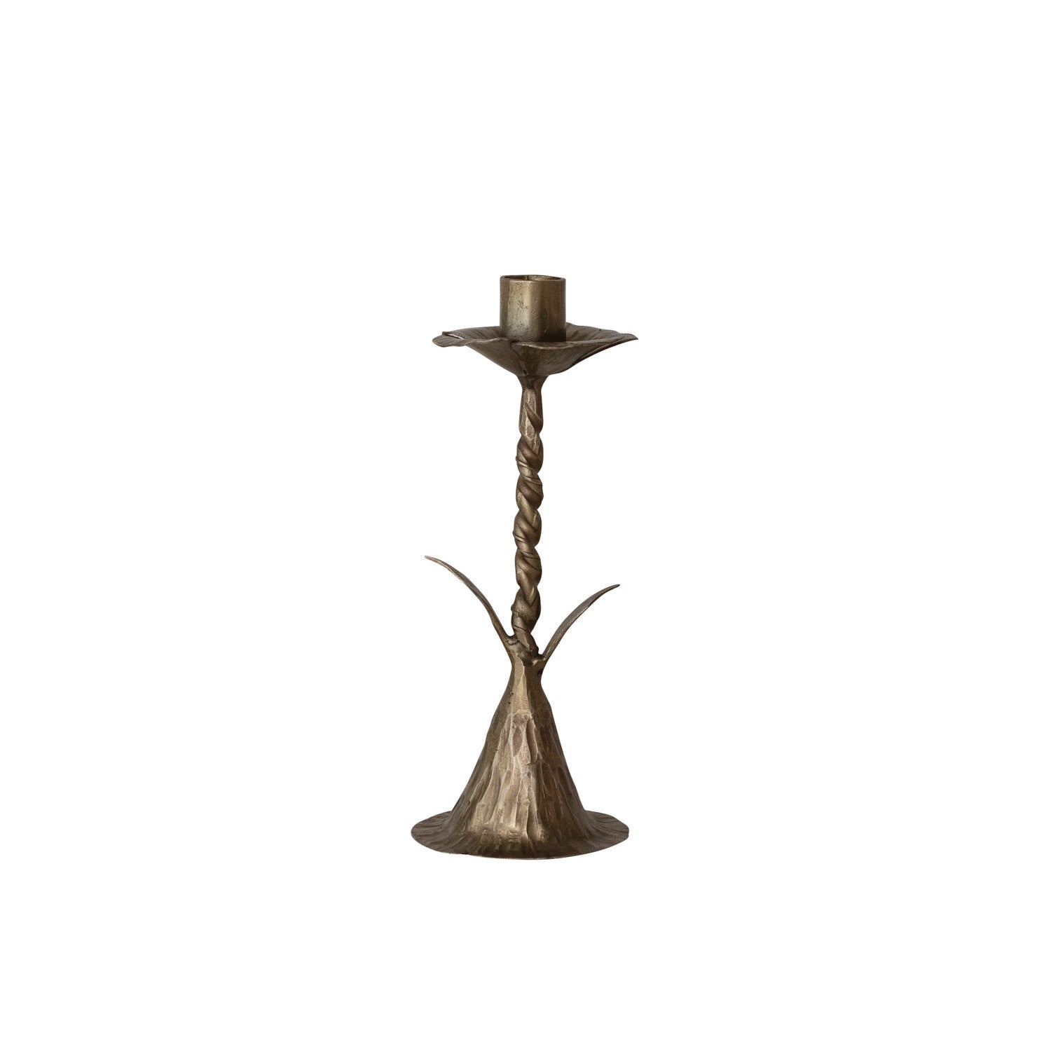 Hand-Forged Metal Twisted Stem Shaped Taper Holder, Antique Brass Finish