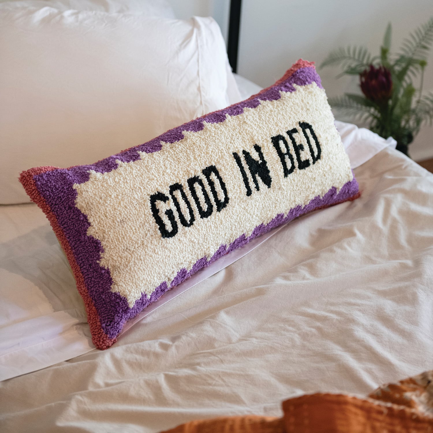 Cotton Tufted Lumbar Pillow “Good In Bed” with Green Back, Natural, Black, Purple & Pink - view 3 of 4