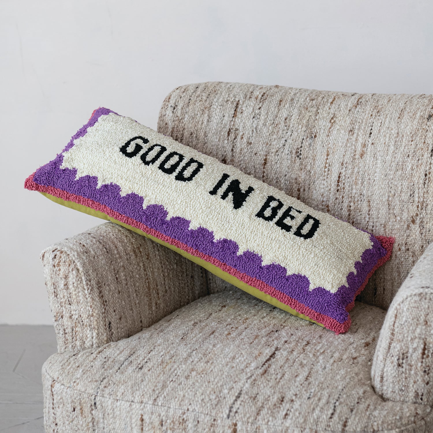 Cotton Tufted Lumbar Pillow “Good In Bed” with Green Back, Natural, Black, Purple & Pink - view 4 of 4