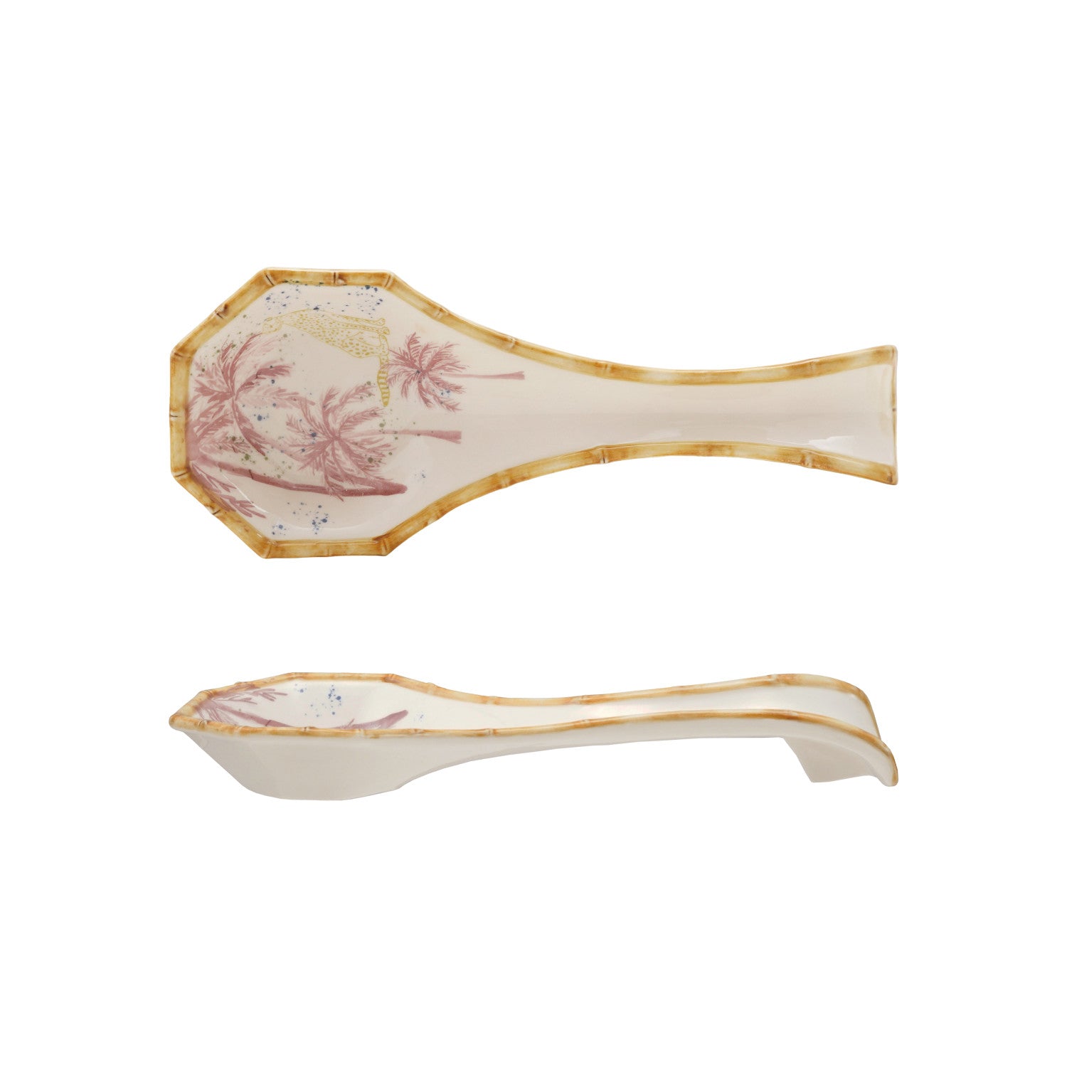 Hand-Painted Stoneware Spoon Rest with Palm Trees, Cheetah & Bamboo Style Edge