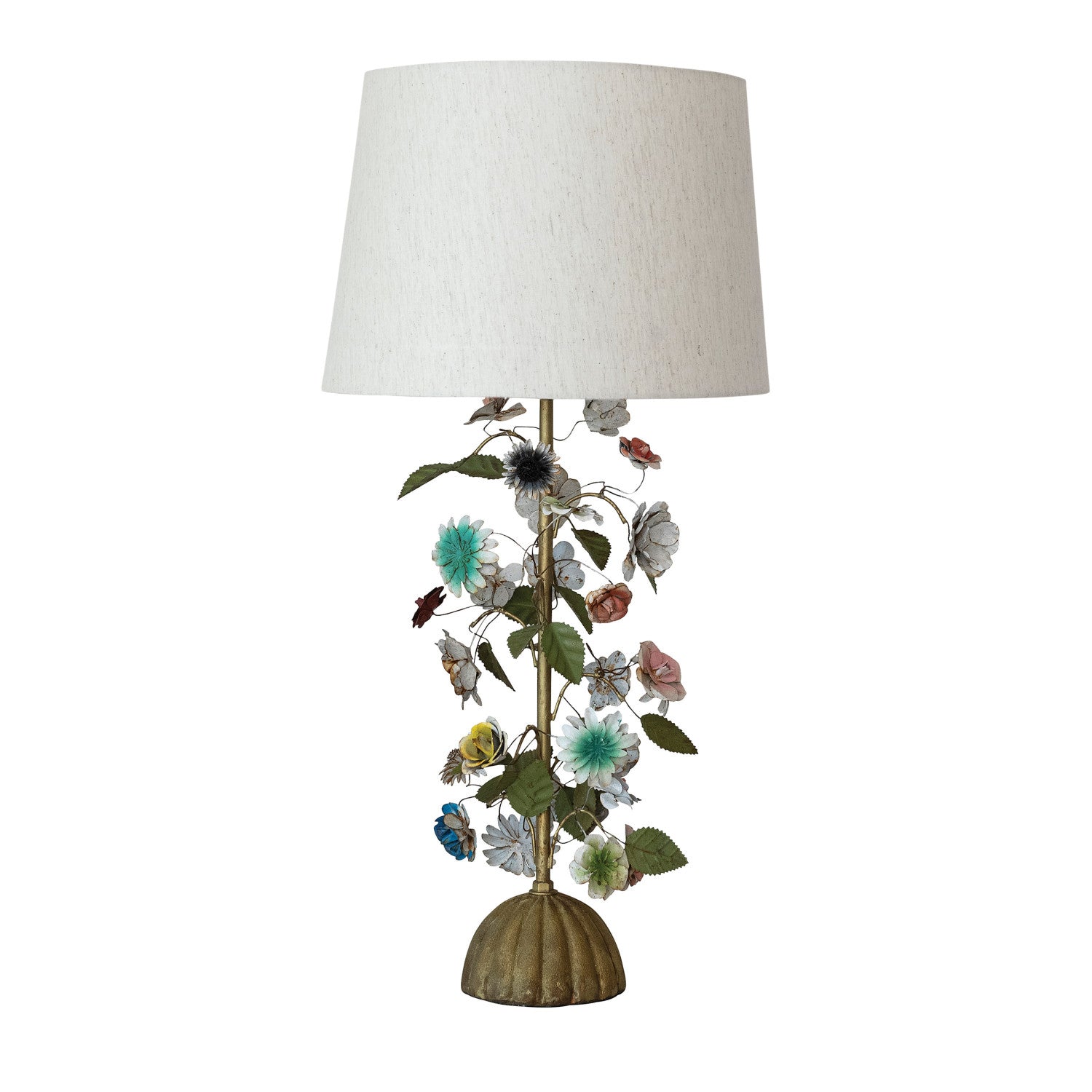 Metal Vintage Reproduction Toleware Flowers Table Lamp with Linen Shade