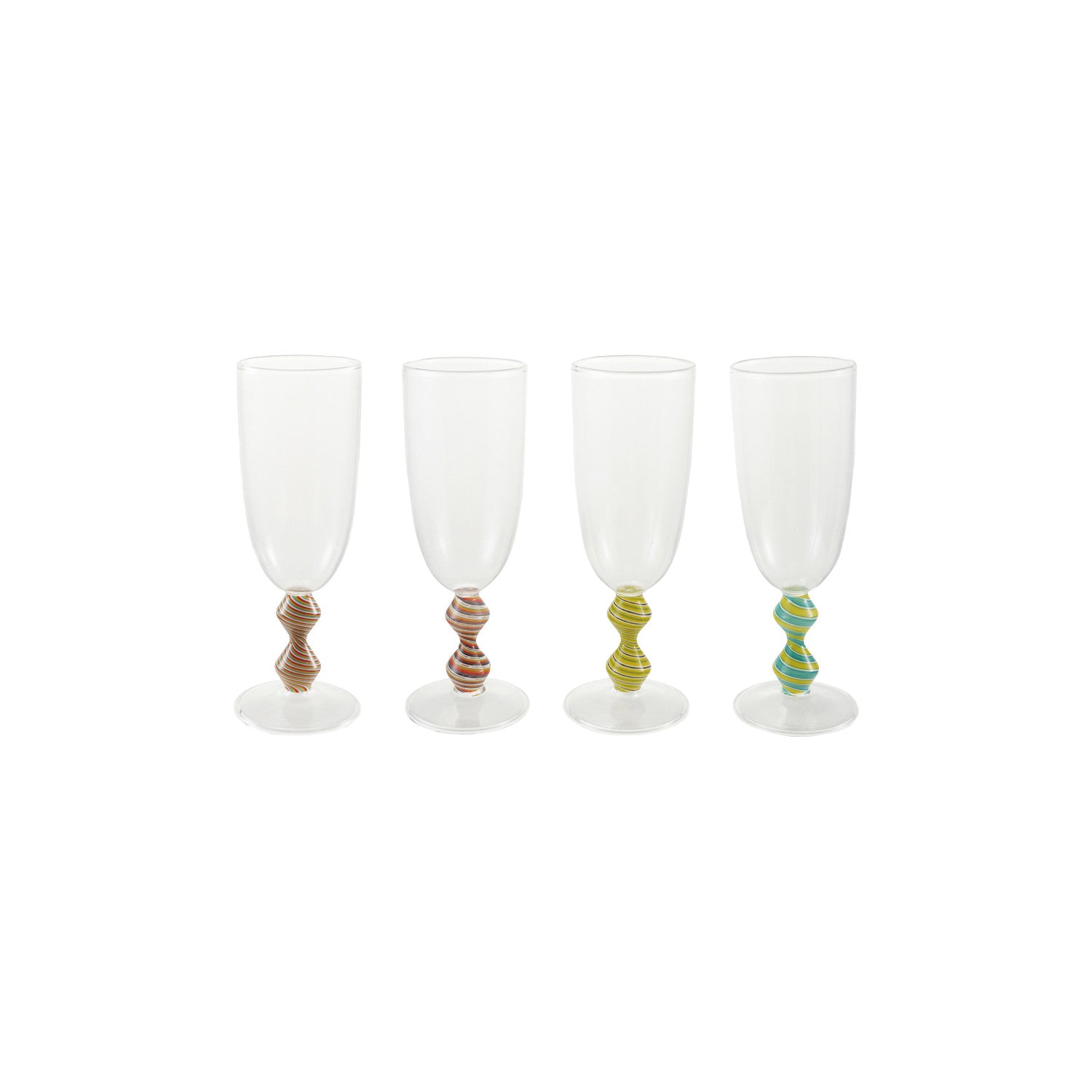 8 oz. Hand-Blown Glass Champagne Flute with Shaped and Striped Stem, 4 Colors