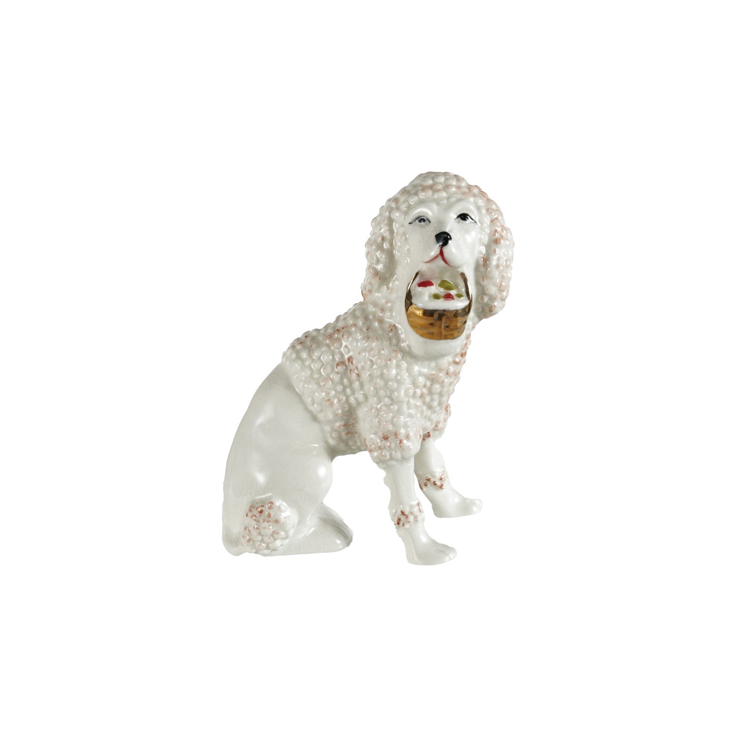 Stoneware Vintage Reproduction Staffordshire Poodle with Basket & Gold Electroplating