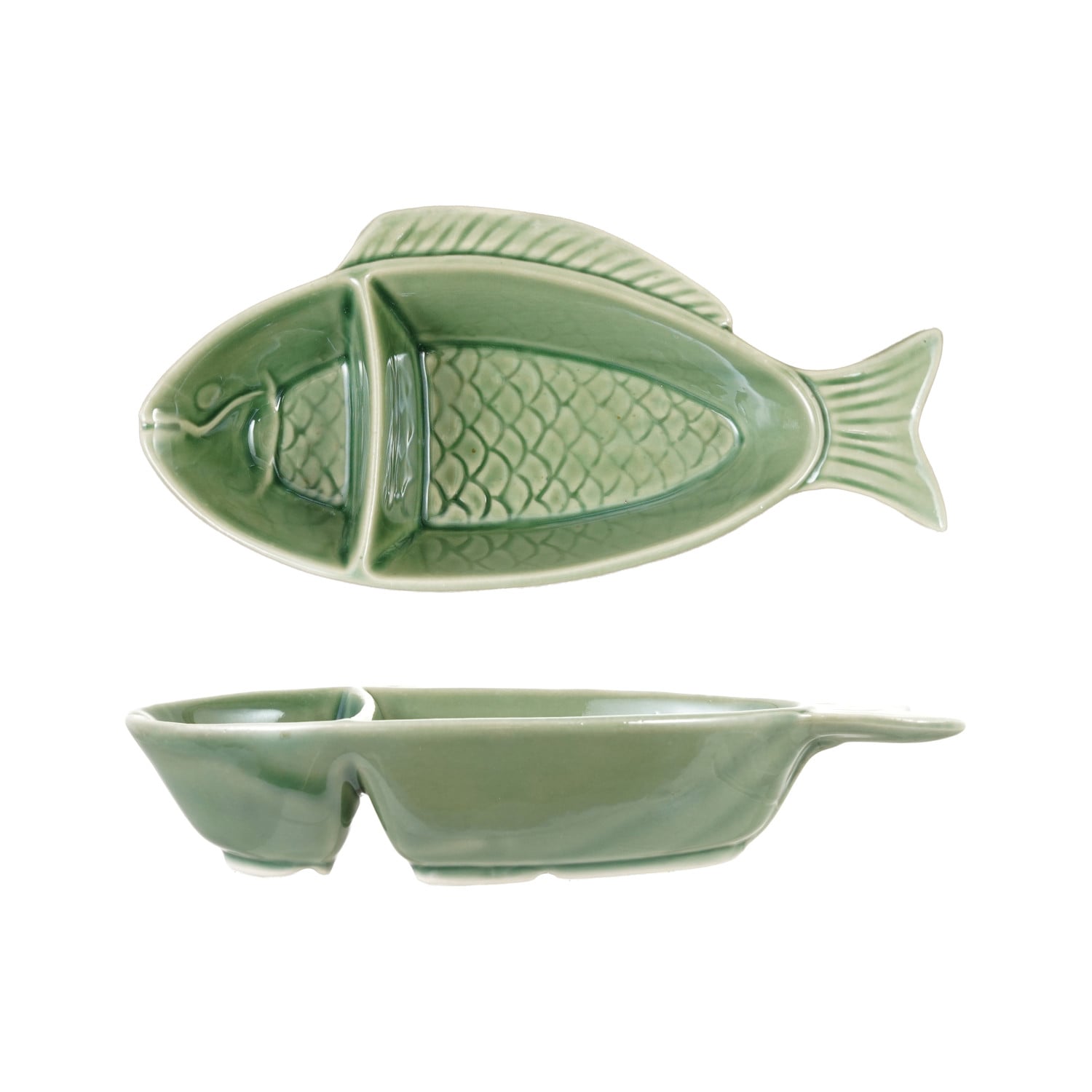 Stoneware Fish Shaped Dish with 2 Sections, Green (Each Will Vary)