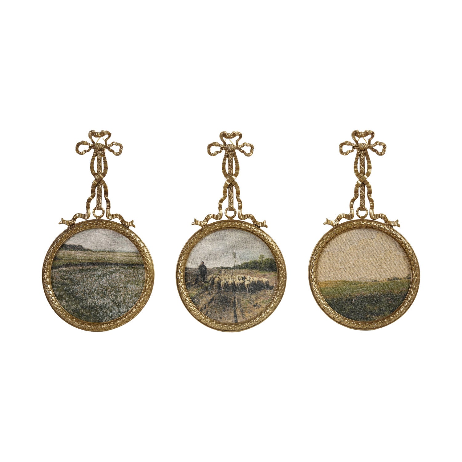 Pewter Hanging Wall Decor with Bow and Landscape on Canvas, 3 Styles