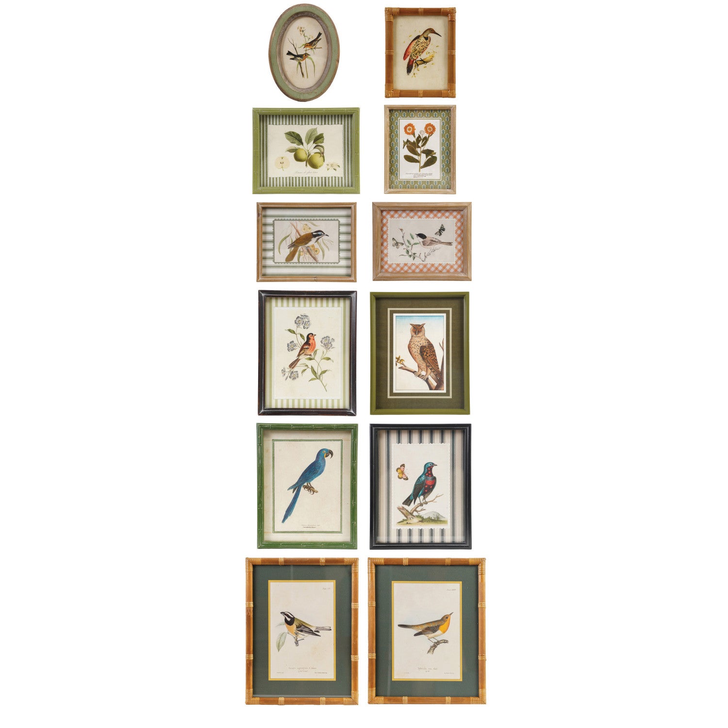 Wood Framed Glass Wall Decor with Birds and Botanicals, Set of 12
