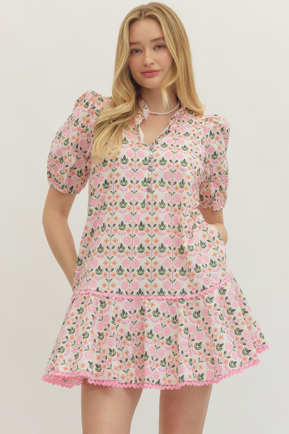 Misty Botanical Print Short Puff Sleeve Dress