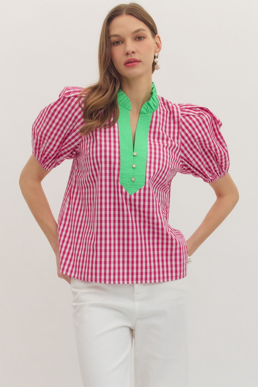 Shelby Pink and Green Ginham Short Sleeve Top