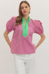 Shelby Pink and Green Ginham Short Sleeve Top