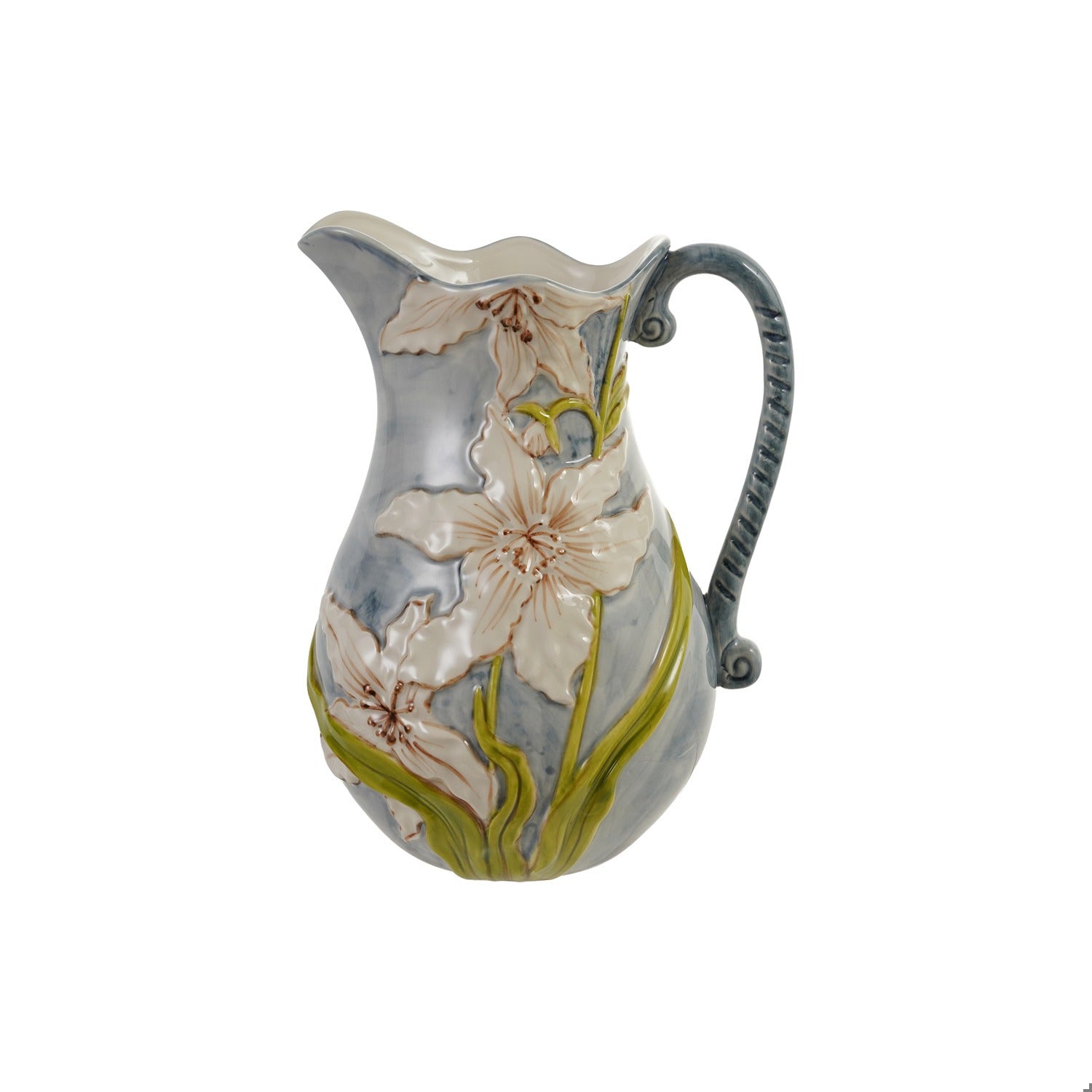 Embossed Stoneware Pitcher W Flowers
