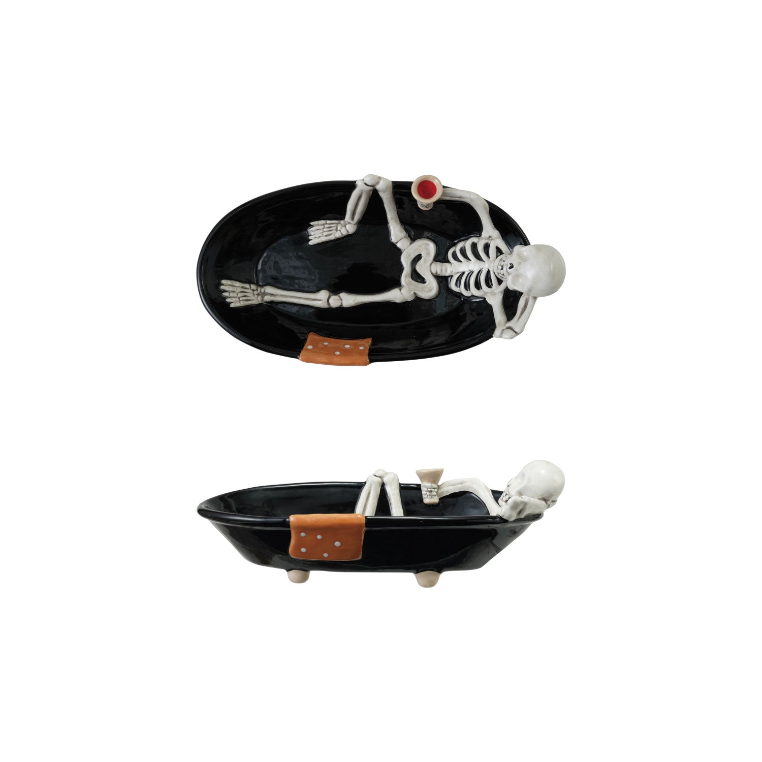 Ceramic Skeleton in Tub Shaped Bowl, Black, White & Orange Color by Creative Co-Op
