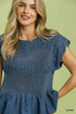 Umgee C6407-T Chambray Smocked Peplum Top – Indigo - View 2