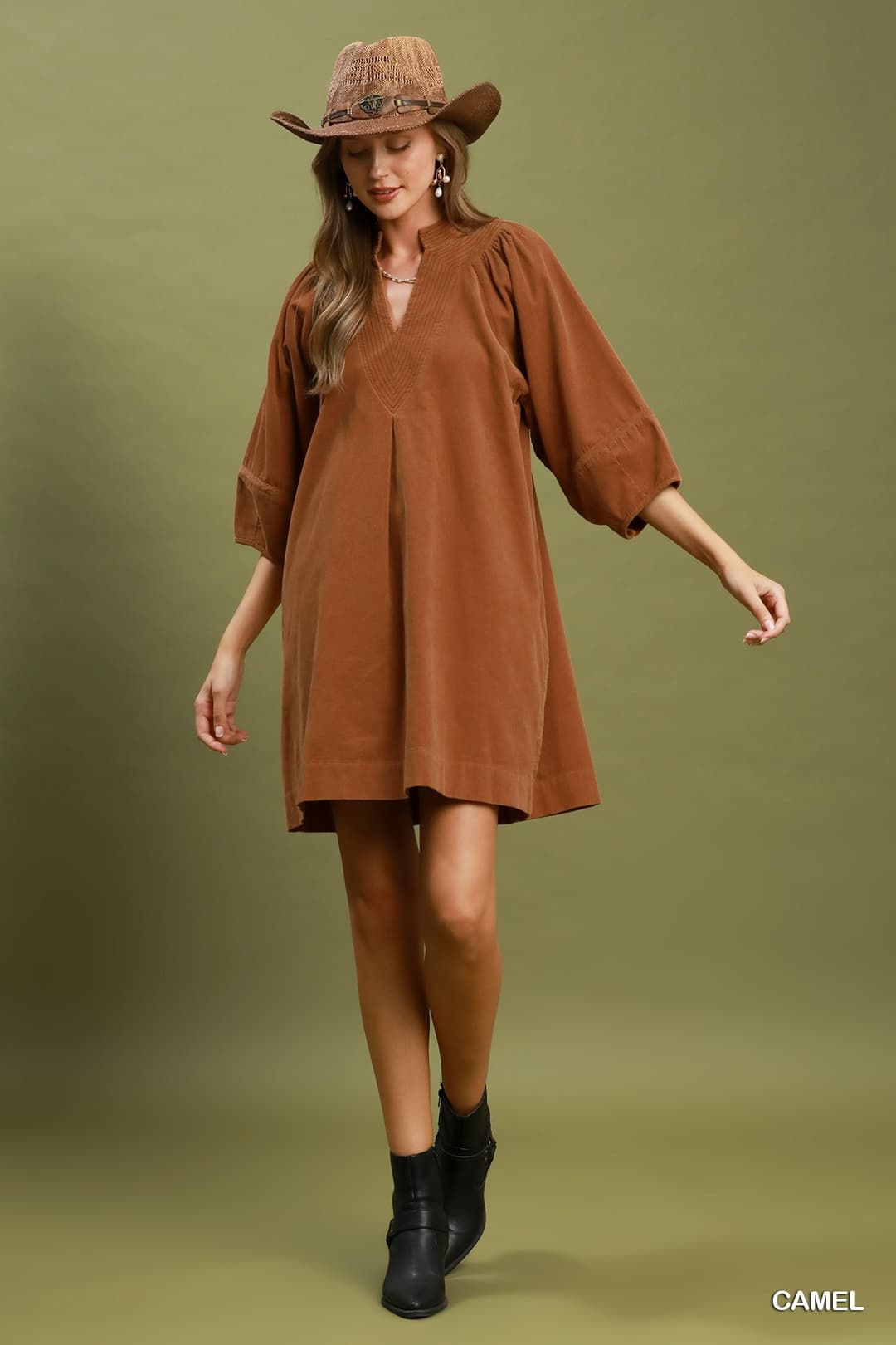 Umgee D1185 Corduroy Mini Dress – Navy with Contrast Stitch & Pockets - View 2