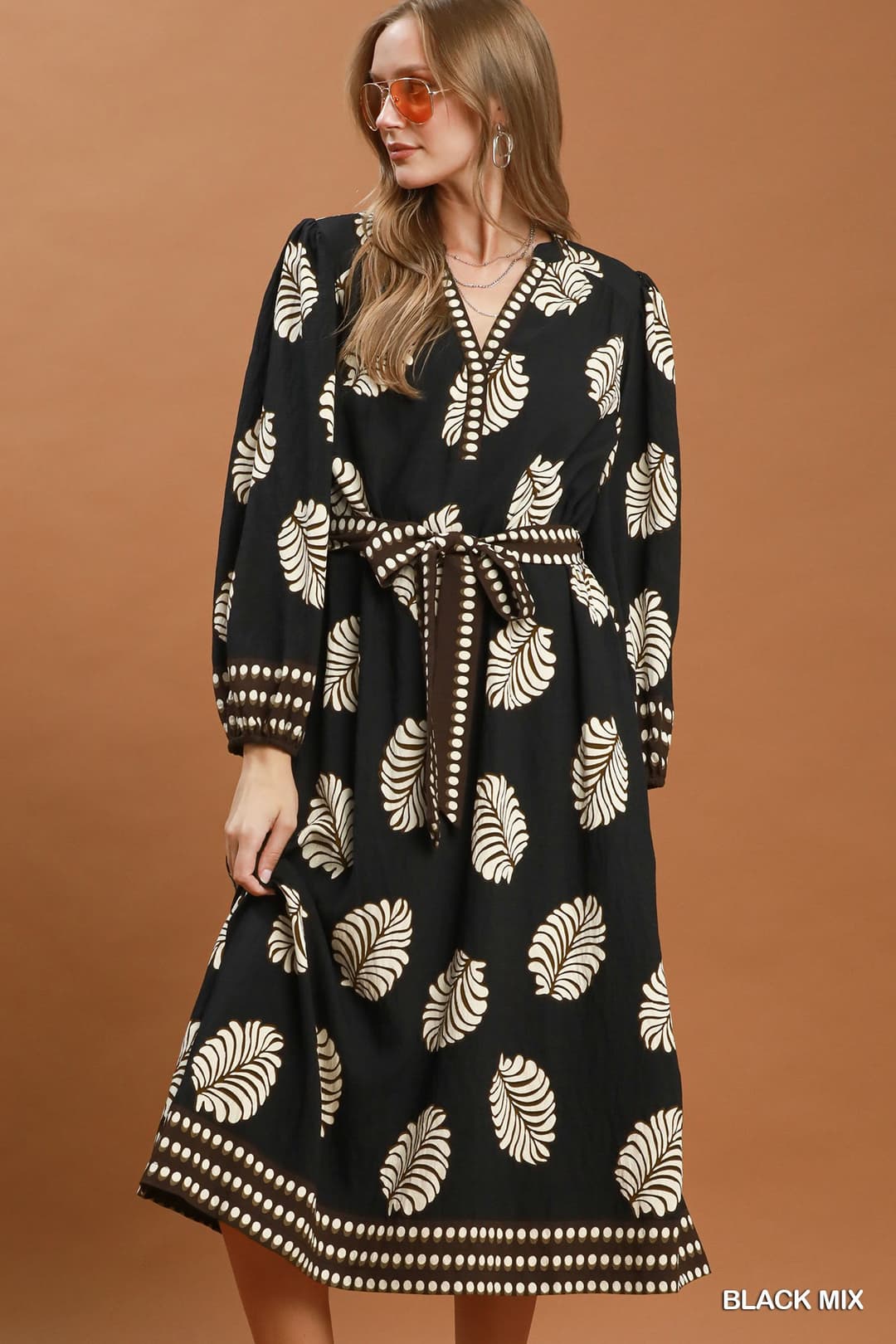 Umgee D1174 Leaf Print Belted Midi Dress – Cream Mix with Belt & Pockets - Size S