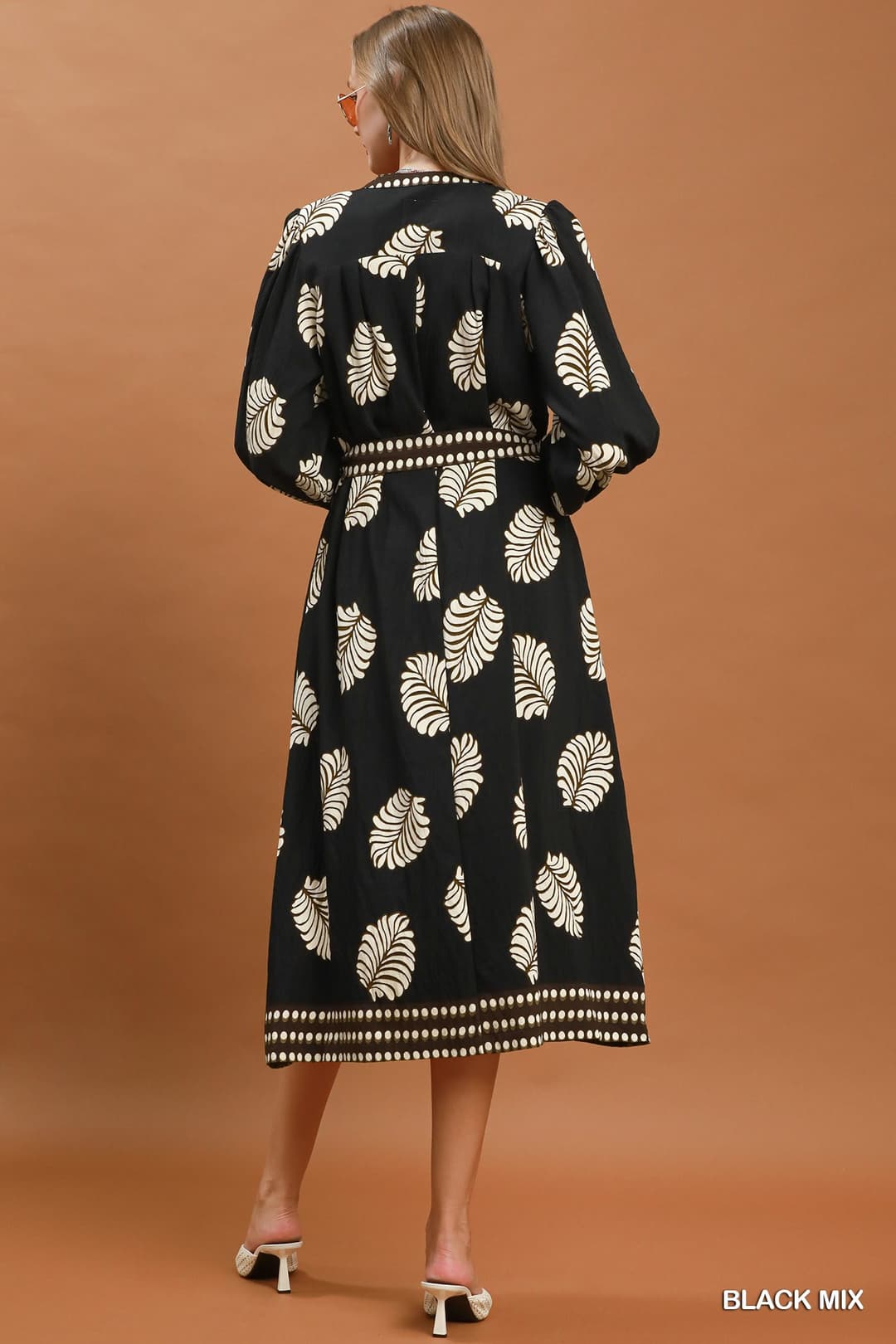 Umgee D1174 Leaf Print Belted Midi Dress – Cream Mix with Belt & Pockets - View 5
