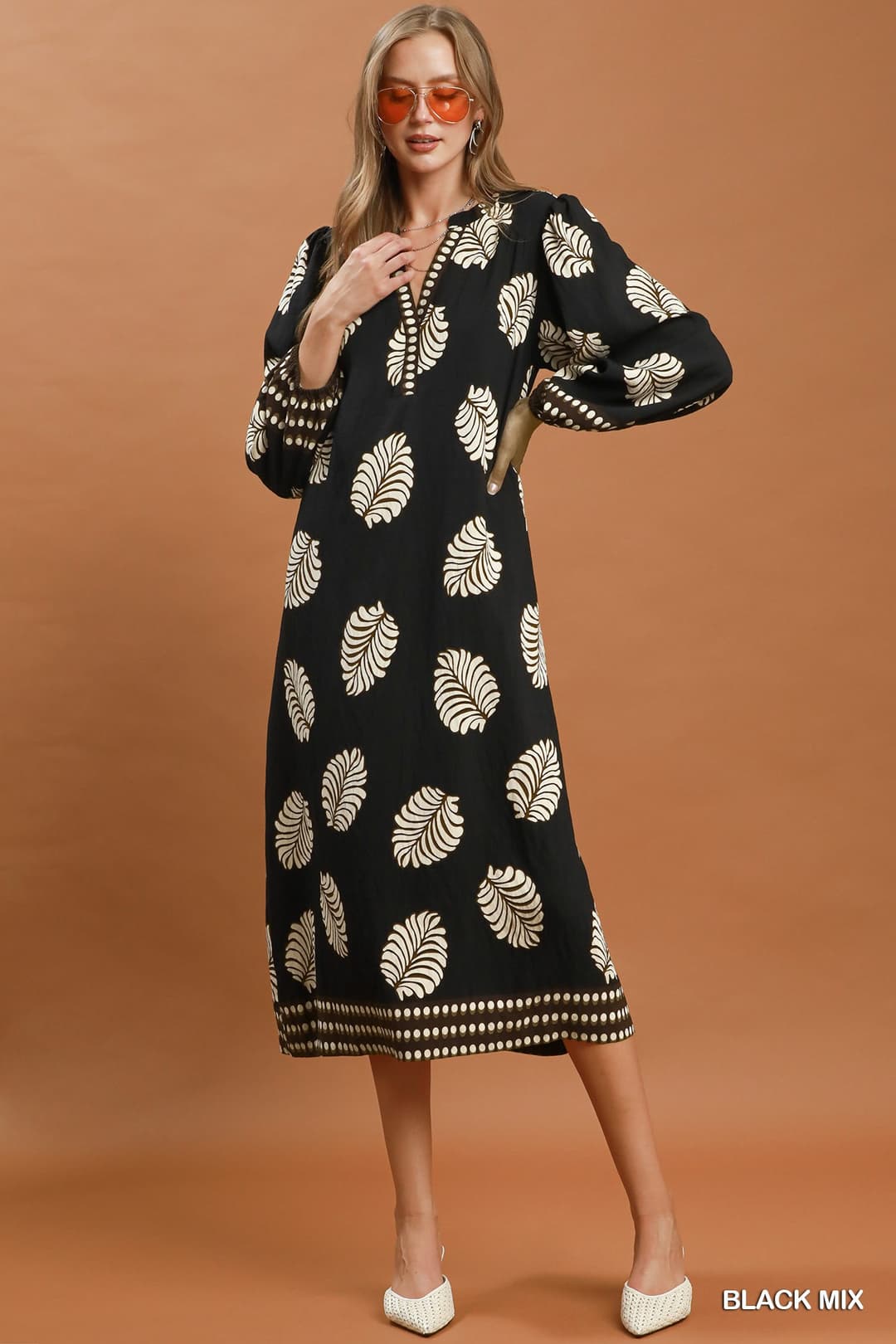 Umgee D1174 Leaf Print Belted Midi Dress – Cream Mix with Belt & Pockets - View 3