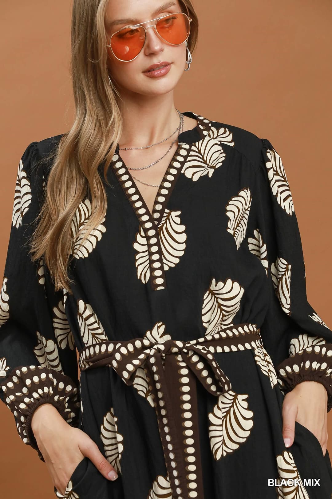 Umgee D1174 Leaf Print Belted Midi Dress – Cream Mix with Belt & Pockets - View 2