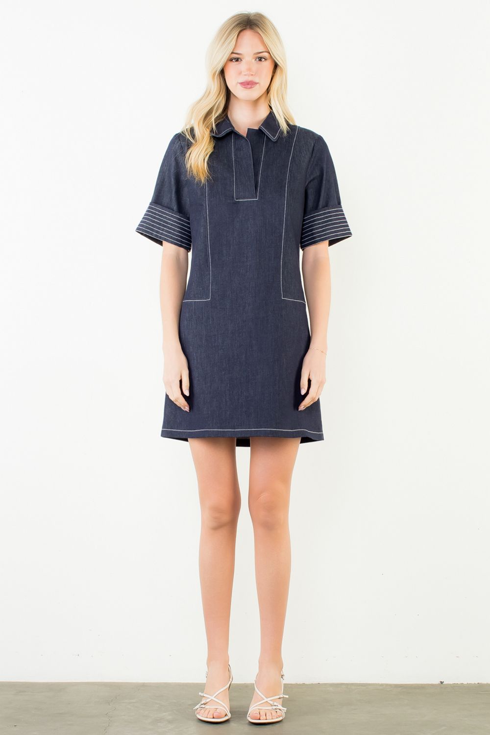 Short Sleeve Collared V-Neck Dress