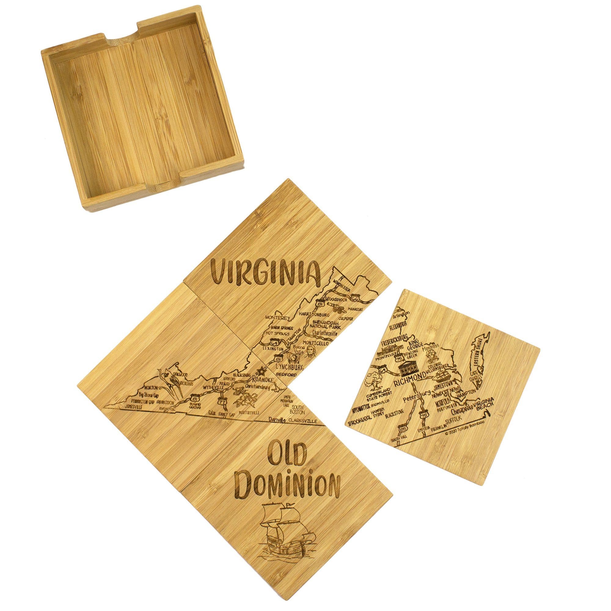 Virginia State Puzzle 4 Piece Bamboo Coaster Set with Case - A. Dodson's