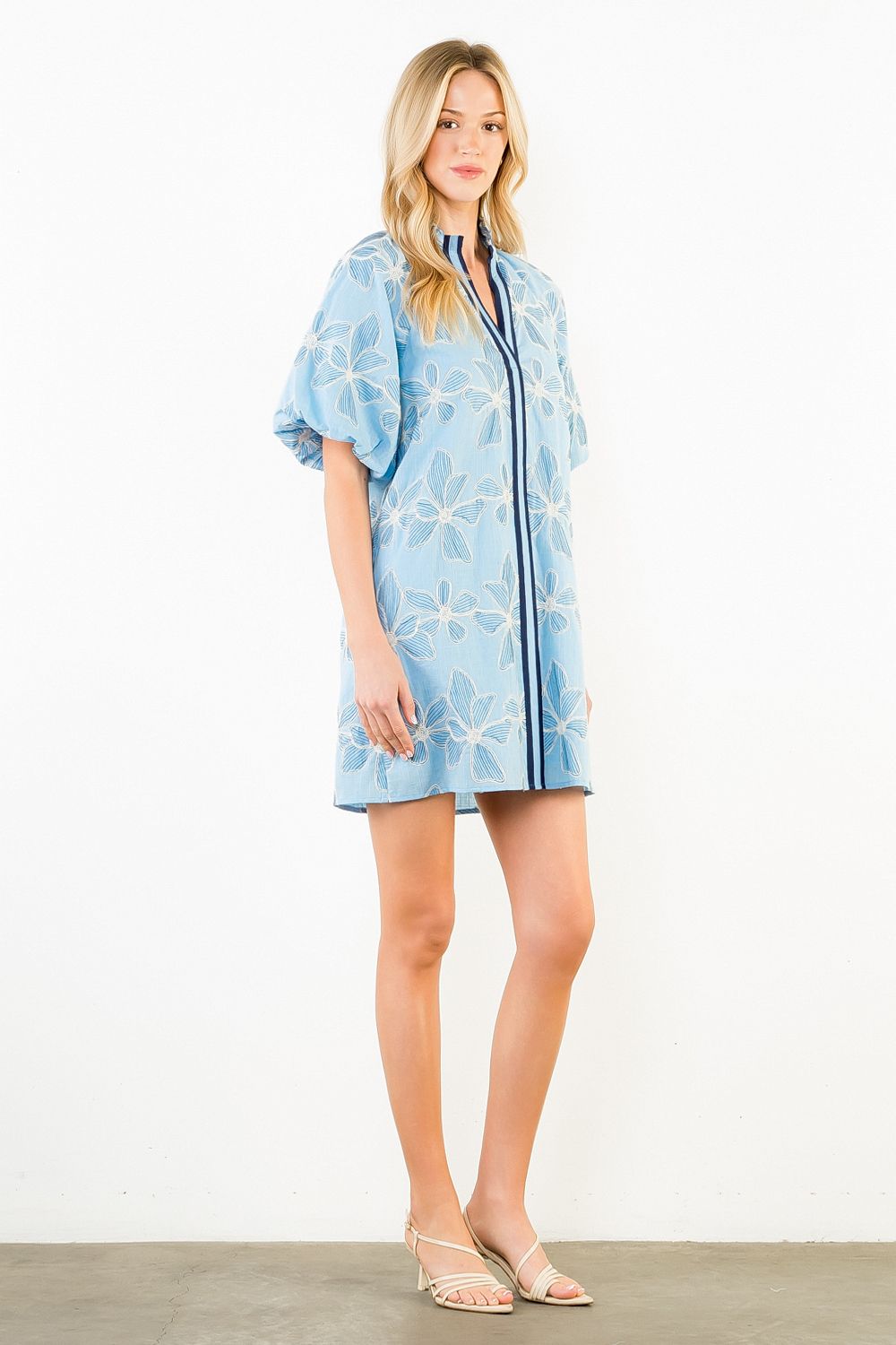Clara Puff Sleeve Emb Dress With Ruffled Collar