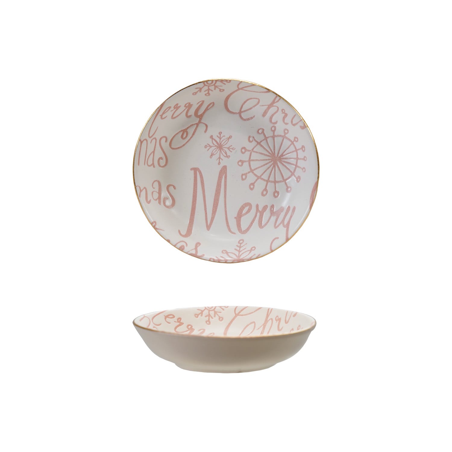 Stoneware Dish with Gold Color Rim Merry Christmas, Pink & White by Creative Co-Op