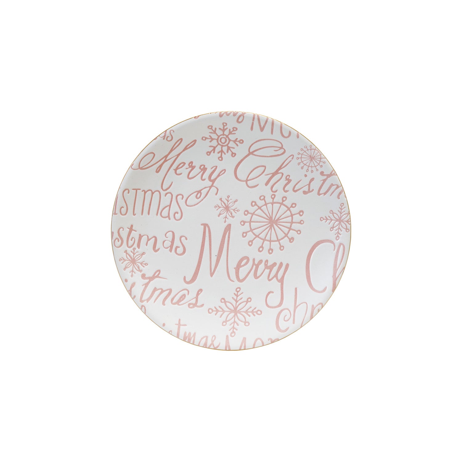 Stoneware Plate with Gold Color Rim "Merry Christmas", Pink & White by Creative Co-Op