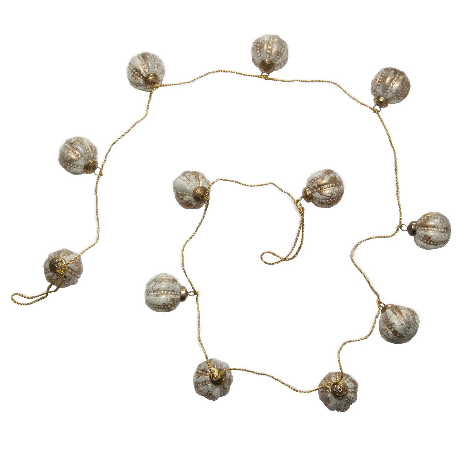 Embossed Recycled Glass Ball Ornament Garland with Gold Cord