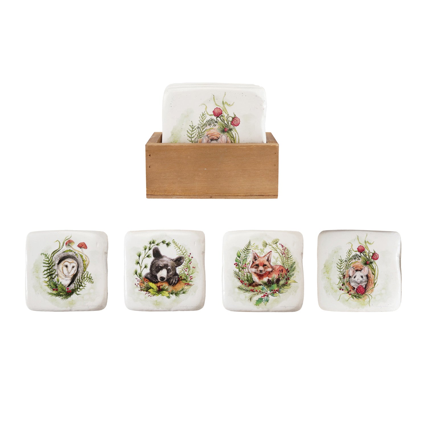 Resin Coasters with Woodland Animals & Seasonal Botanicals in Wood Box, Set of 5