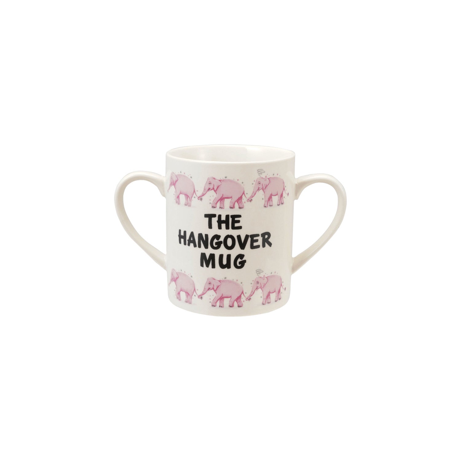 12 oz. Stoneware Mug with Double Handles & Pink Elephants "The Hangover Mug"