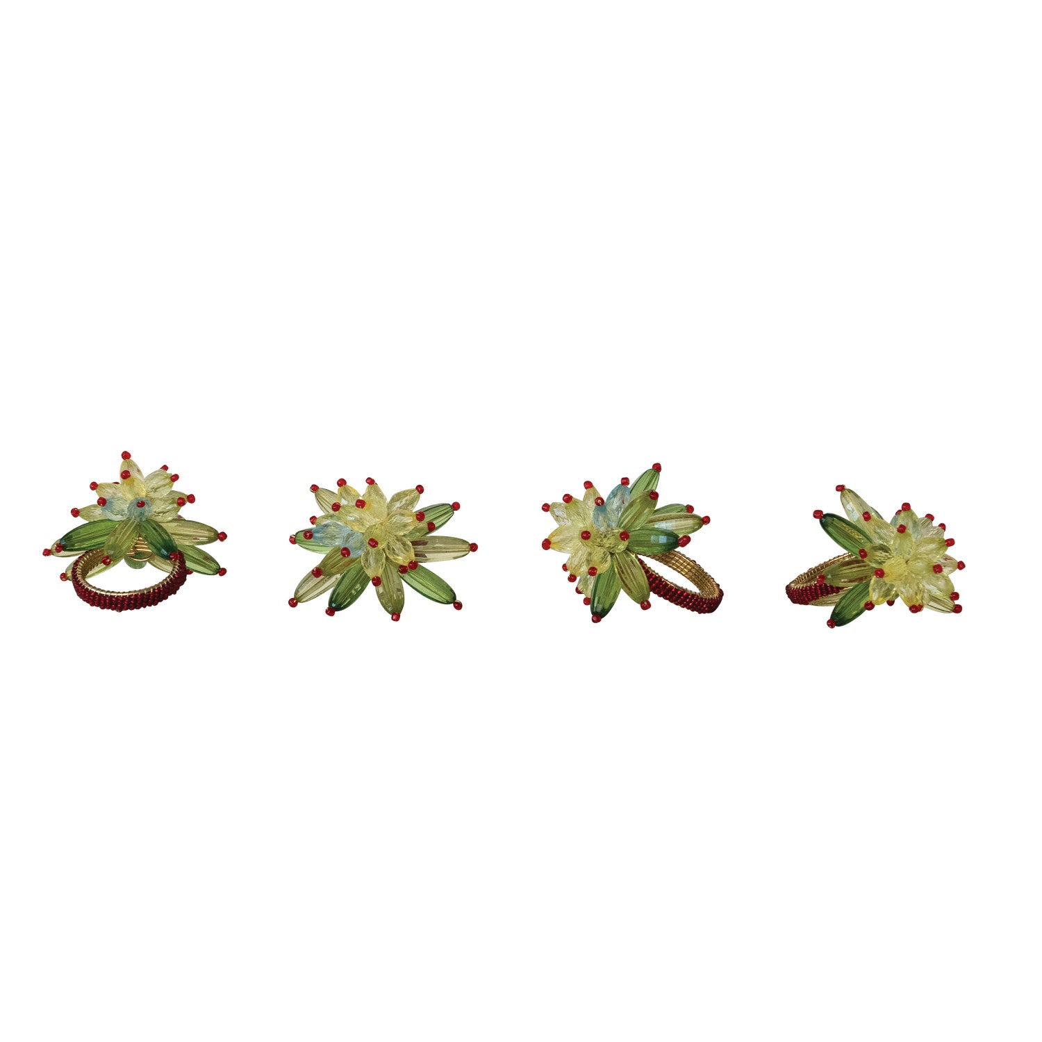 Handmade Glass & Acrylic Beaded Metal Flower Napkin Rings, Set of 4 Tied with Gold Cord by Creative Co-Op