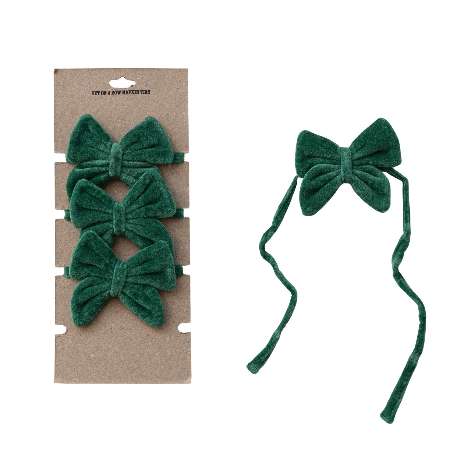 Cotton Velvet Bow Napkin Ties, Green, Set of 4 on Card