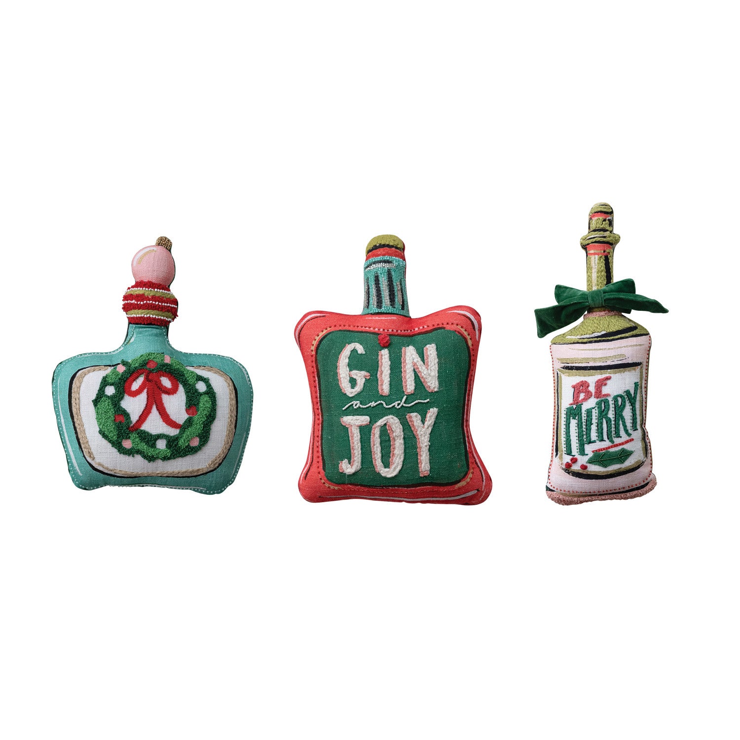 Cotton Printed Bottle Shaped Pillow with Applique, Beads & Velvet Back, 3 Styles