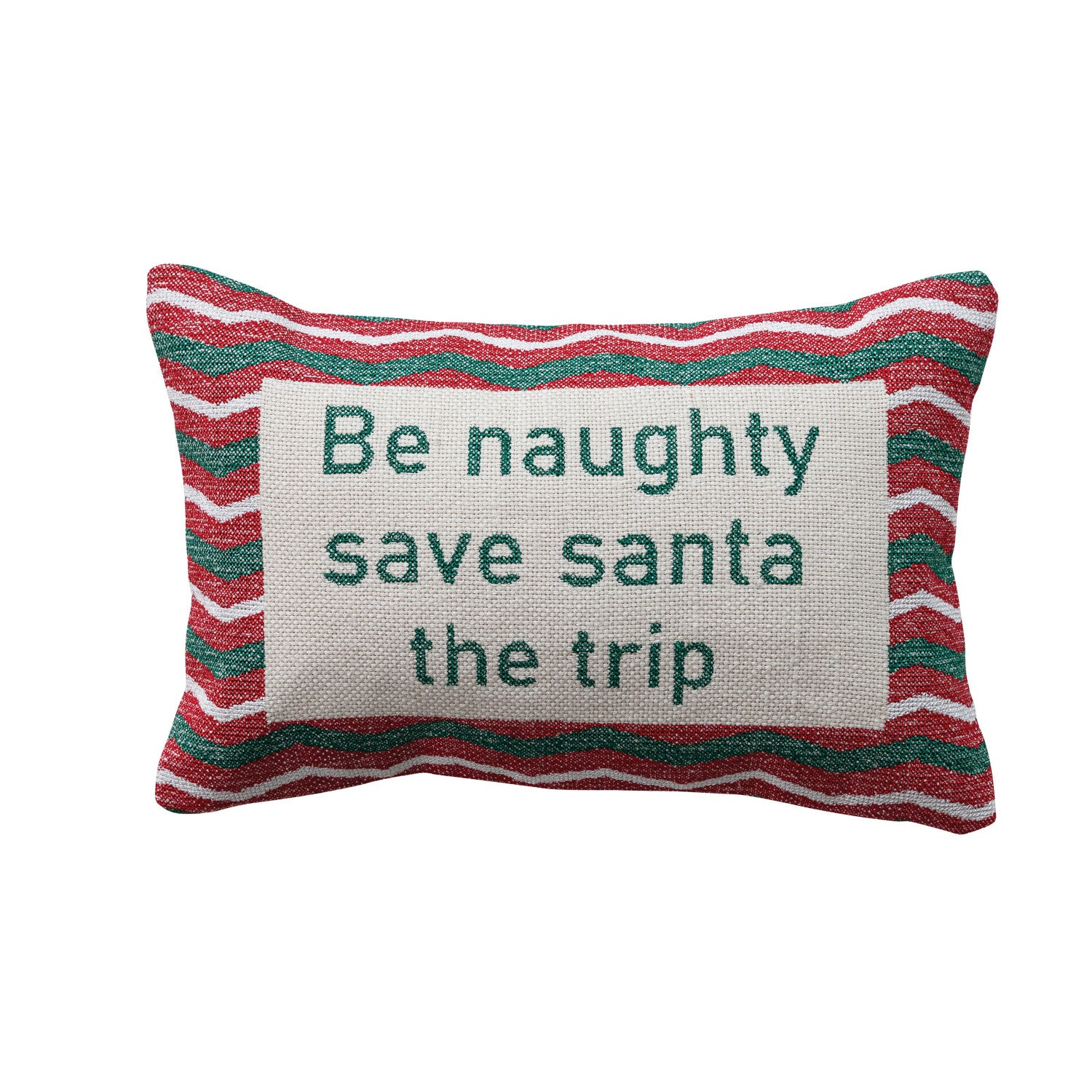 Cotton Embroidered Lumbar Pillow with Zig Zag Pattern "Be Naughty Save Santa..."