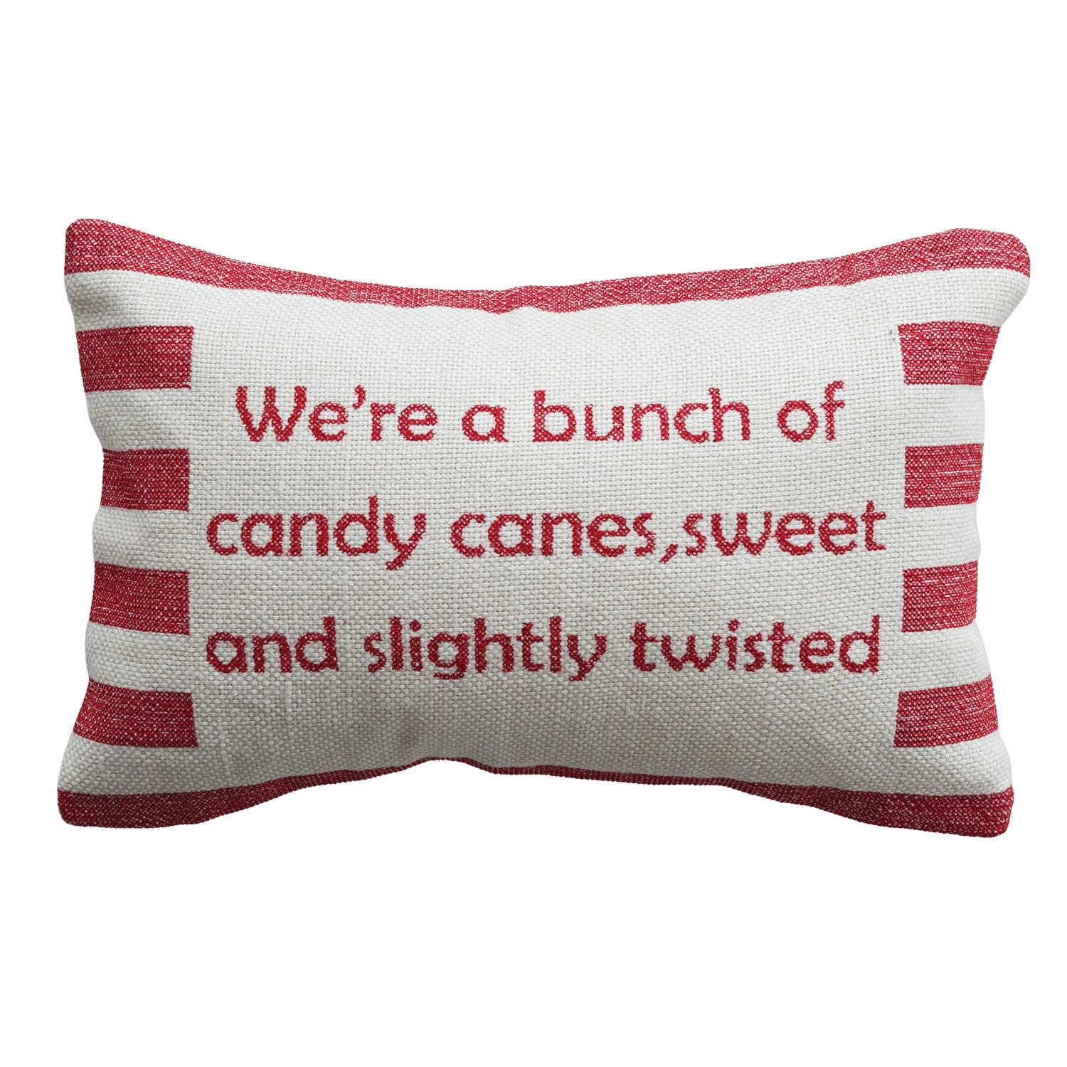 Cotton Embroidered Lumbar Pillow with Stripes "We're A Bunch Of Candy Canes..."