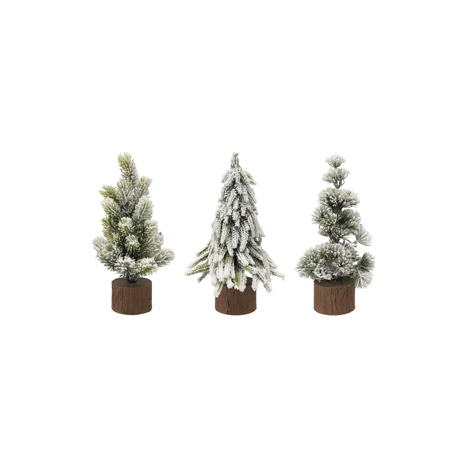 Plastic Tree with Faux Wood Slice Base & LED Light, Snow Finish, 3 Styles