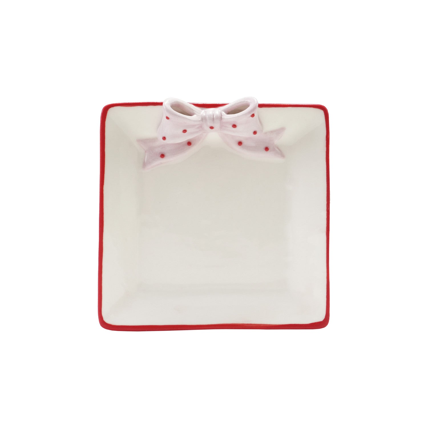 Hand-Painted Stoneware Dish with 3D Polka Dot Bow & Colored Edge, White