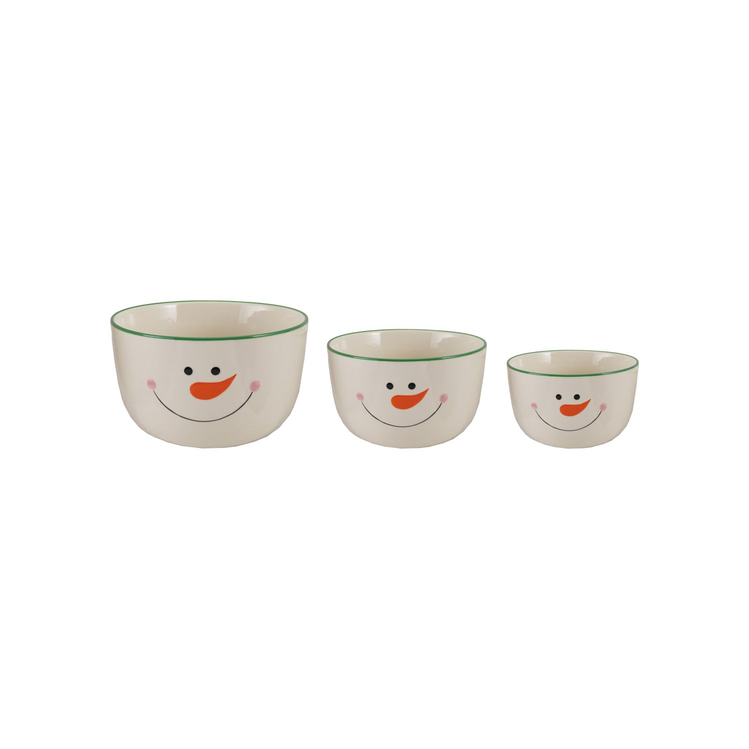 Stoneware Nesting Bowls with Snowman Face & Green Rim, 3 sizes